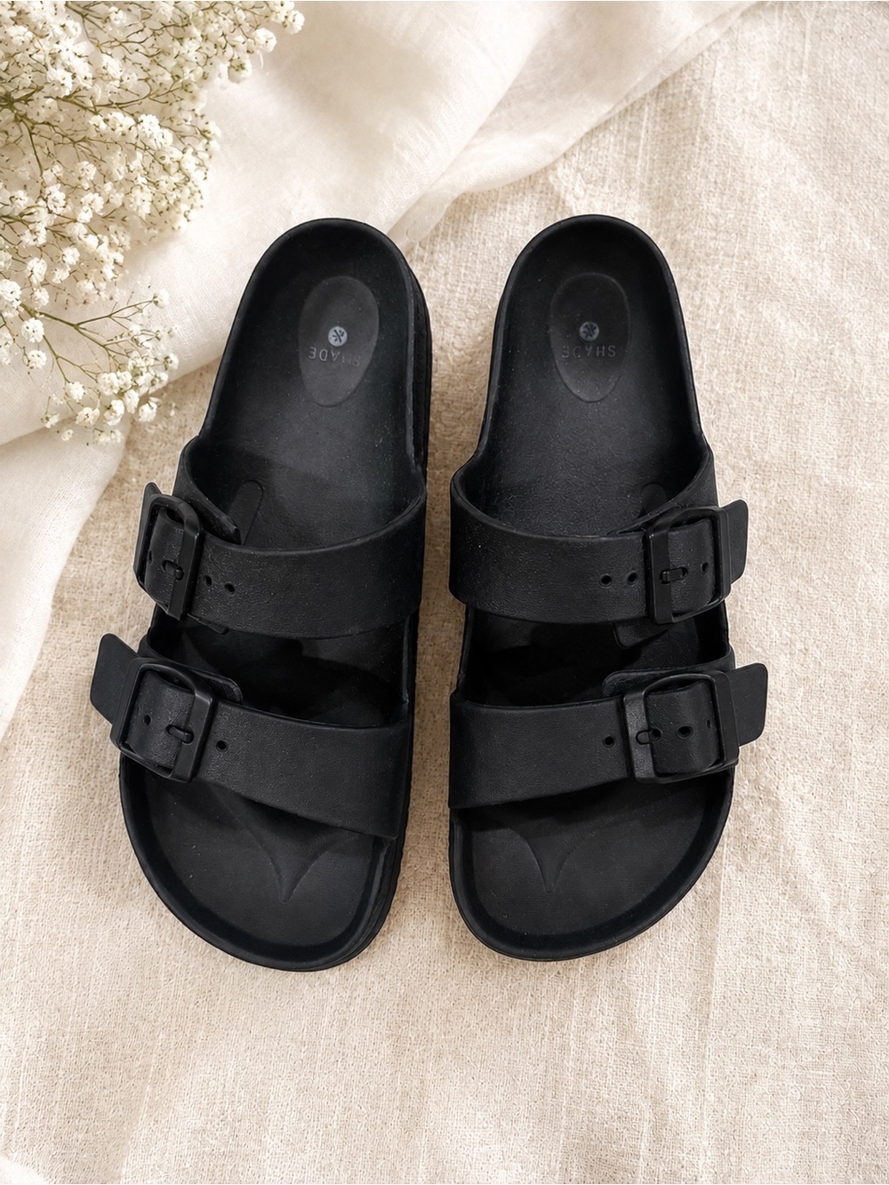Shade & Shore Black Dual-Buckle Slide Sandals